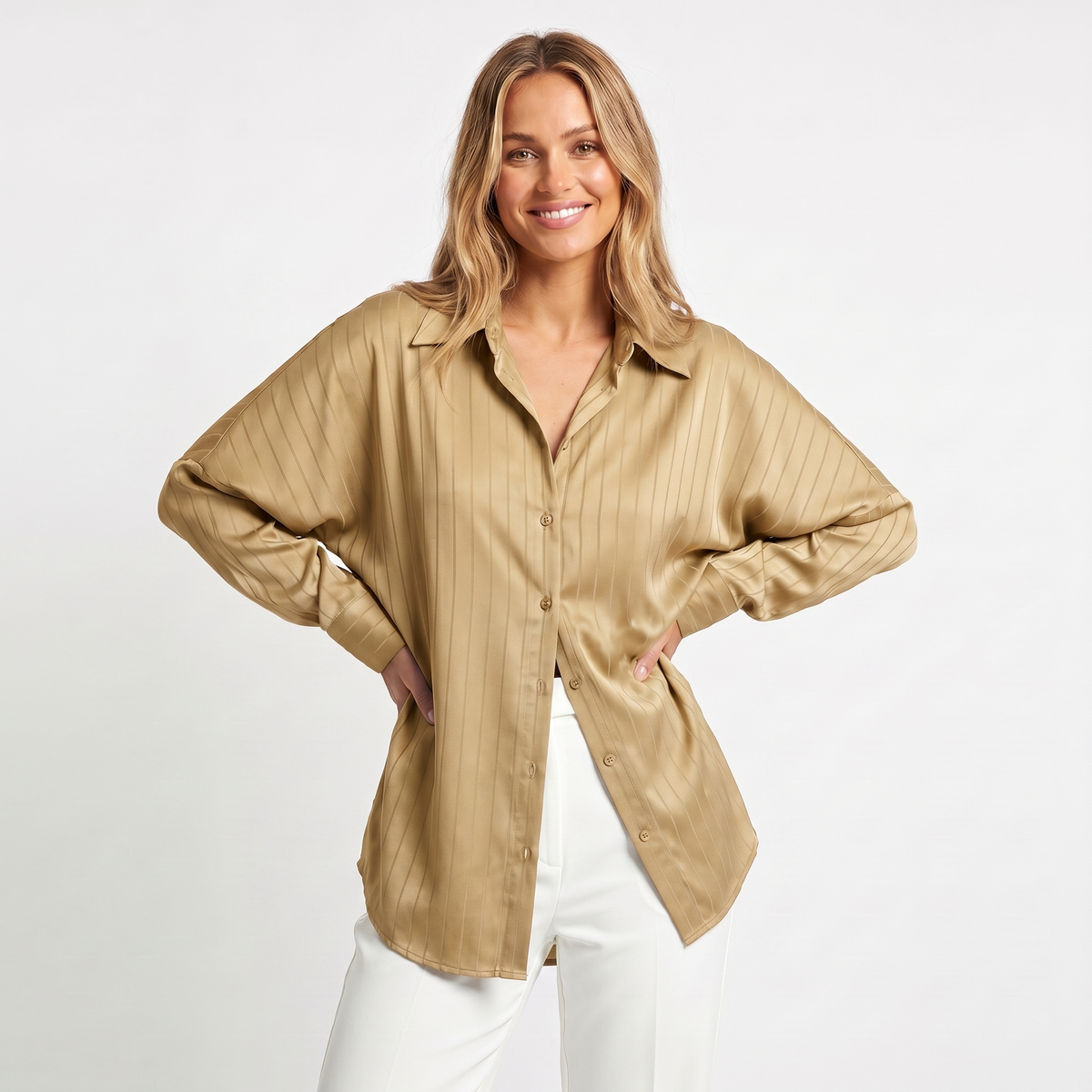 Women's Oversized Satin Stripe Shirt – Long Sleeve Button Up Blouse