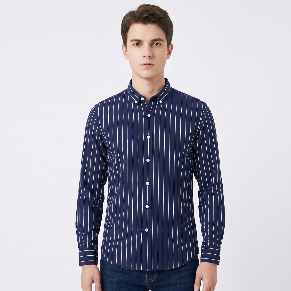 Men's Striped Long Sleeve Shirt Slim Fit Button-Down Smart Casual