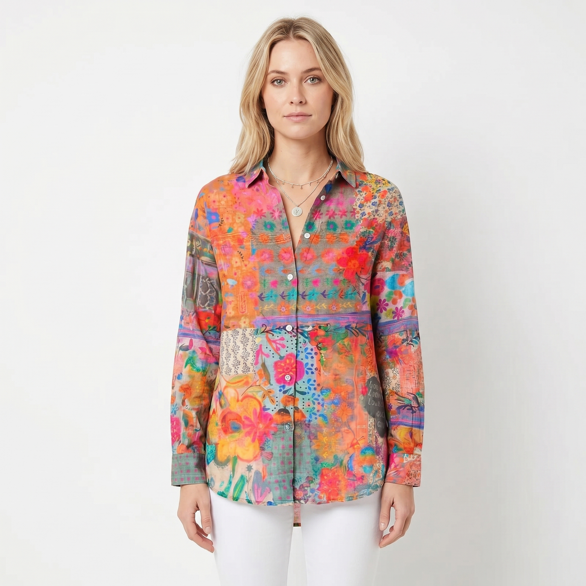 Women's Floral Print Long-Sleeve Button-Down Shirt Casual Loose Blouse