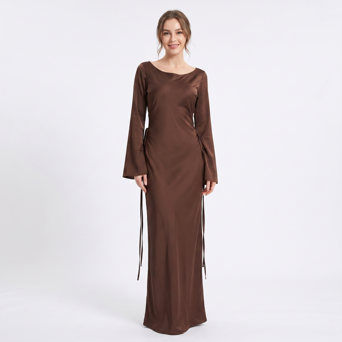 Women's Satin Maxi Dress Long Sleeve Scoop Neck Bodycon Formal Slip Gown