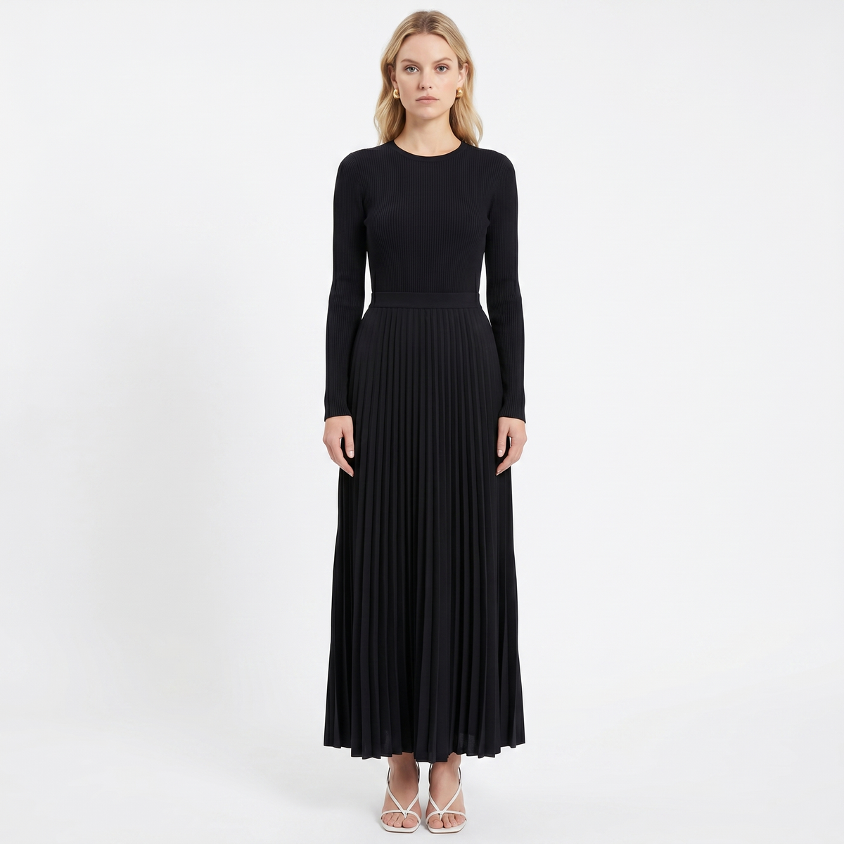 Women's Pleated Maxi Dress Long Sleeve Ribbed Bodice Elegant A-Line