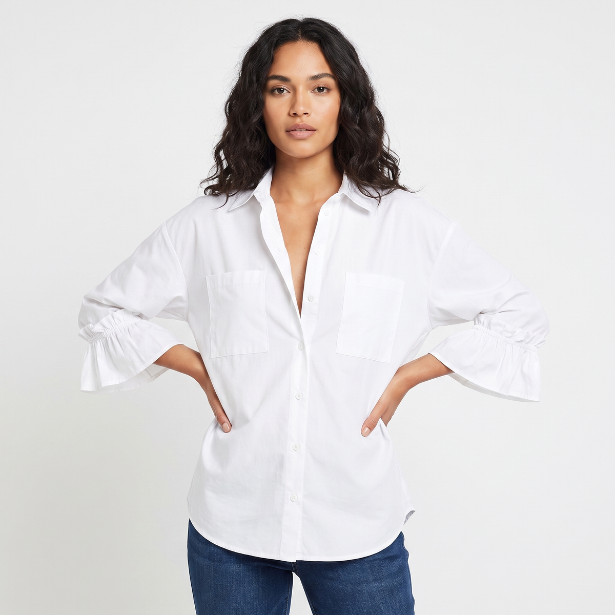 Women's Oversized Button-Down Shirt Long-Sleeve Ruffle Cuff Casual Blouse