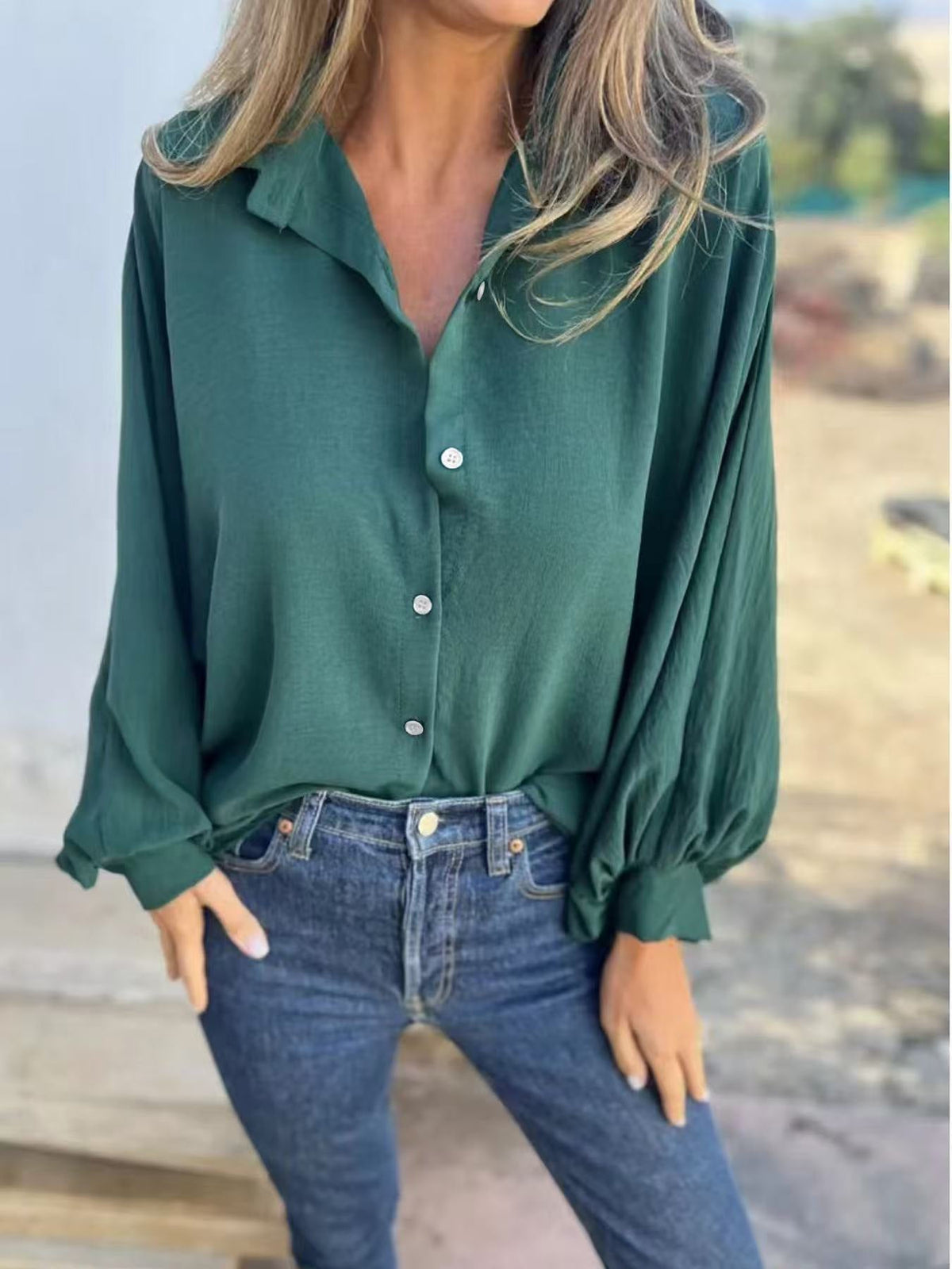 Oversized Button Down Shirt - Long Sleeve Collared Blouse