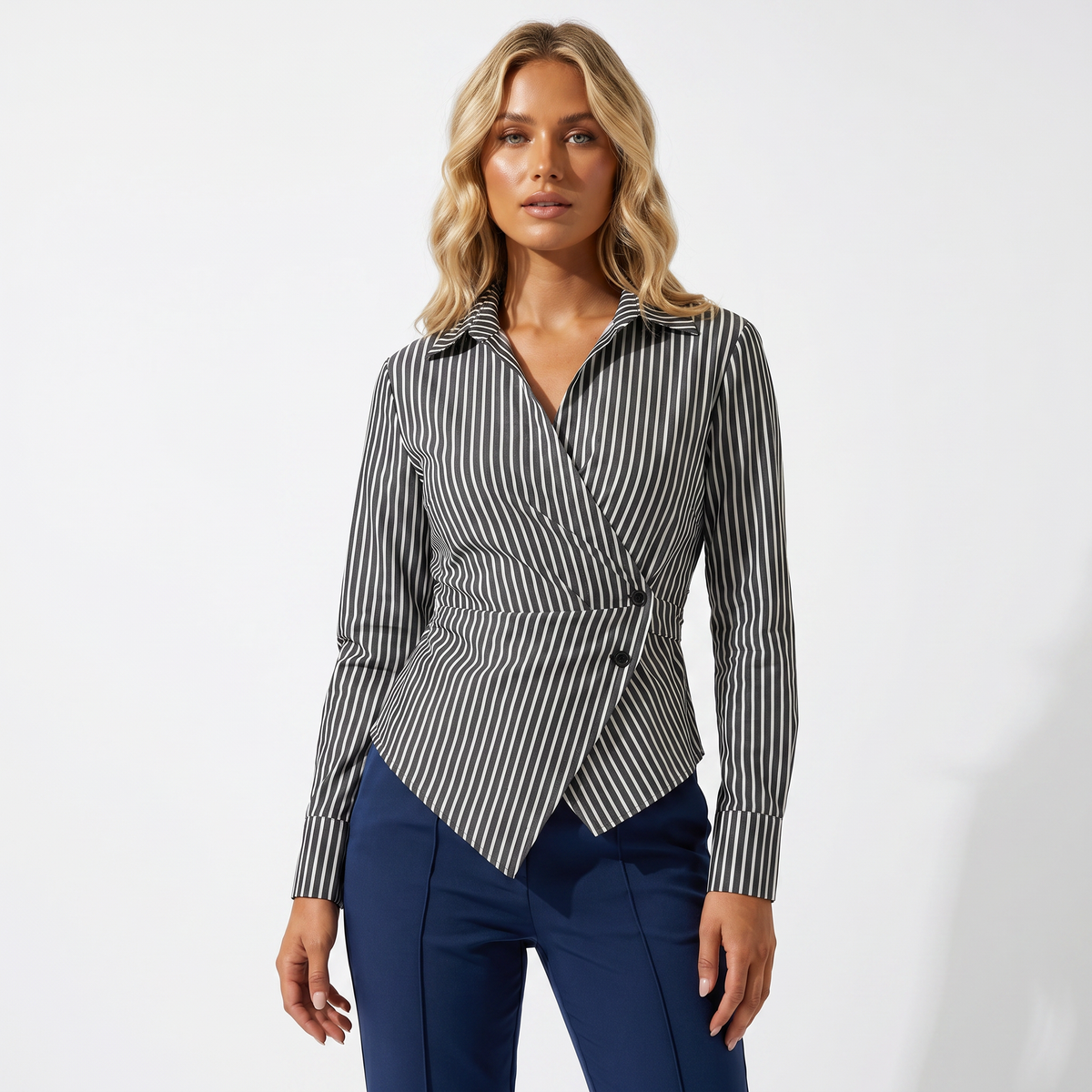 Women's Irregular Striped Wrap Shirt – Slim Fit Long Sleeve Elegant Blouse Top