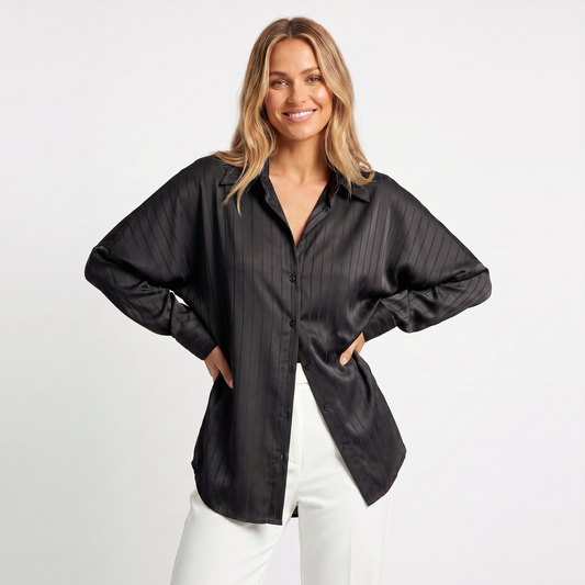 Women's Oversized Satin Stripe Shirt – Long Sleeve Button Up Blouse