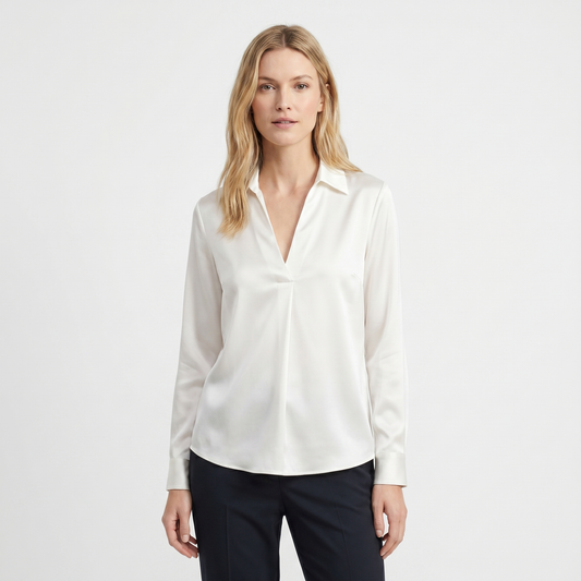 Satin Blouse Women - Long Sleeve V Neck Collared Silk Work Top
