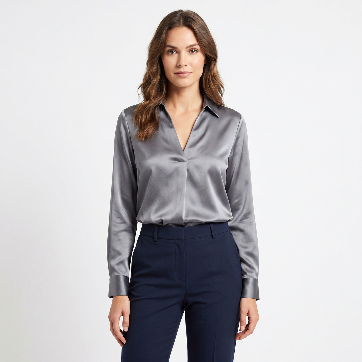 Satin Blouse Women - Long Sleeve V Neck Collared Silk Work Top