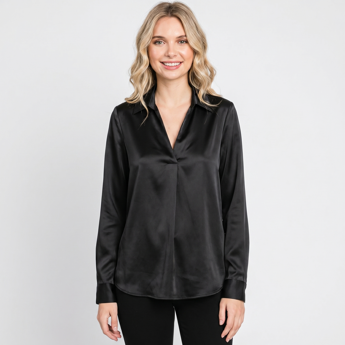 Satin Blouse Women - Long Sleeve V Neck Collared Silk Work Top