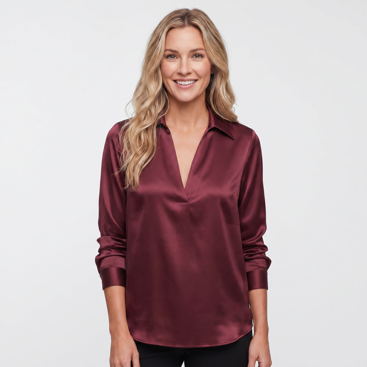 Satin Blouse Women - Long Sleeve V Neck Collared Silk Work Top