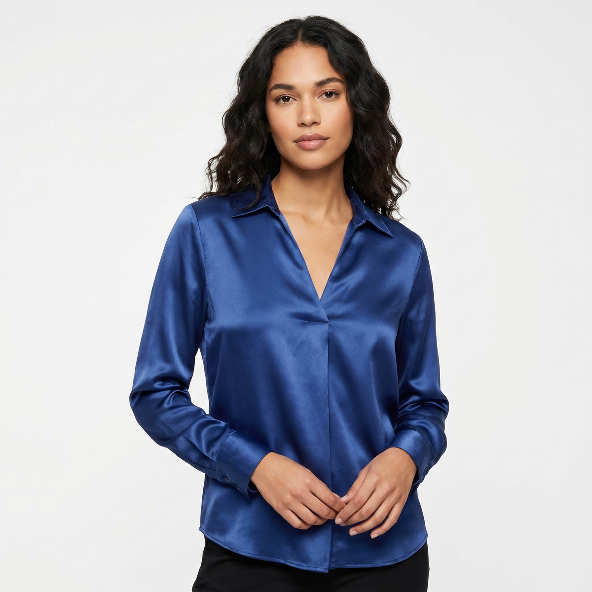 Satin Blouse Women - Long Sleeve V Neck Collared Silk Work Top