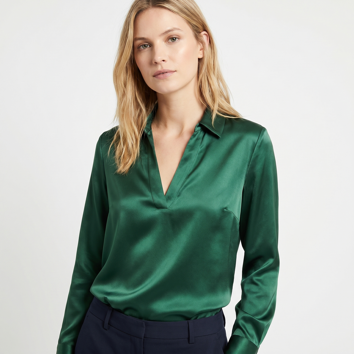 Satin Blouse Women - Long Sleeve V Neck Collared Silk Work Top