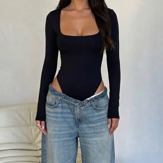Women's Fashion Long Sleeve Bodysuit –  Open Lace Back Jumpsuit Top