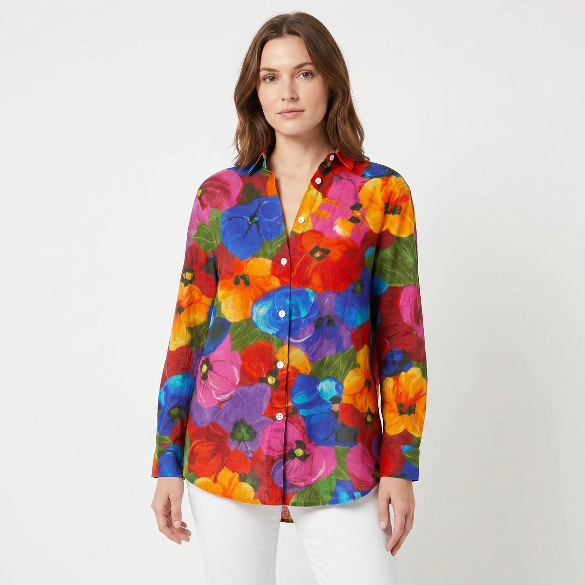 Women's Floral Print Long-Sleeve Button-Down Shirt Casual Loose Blouse