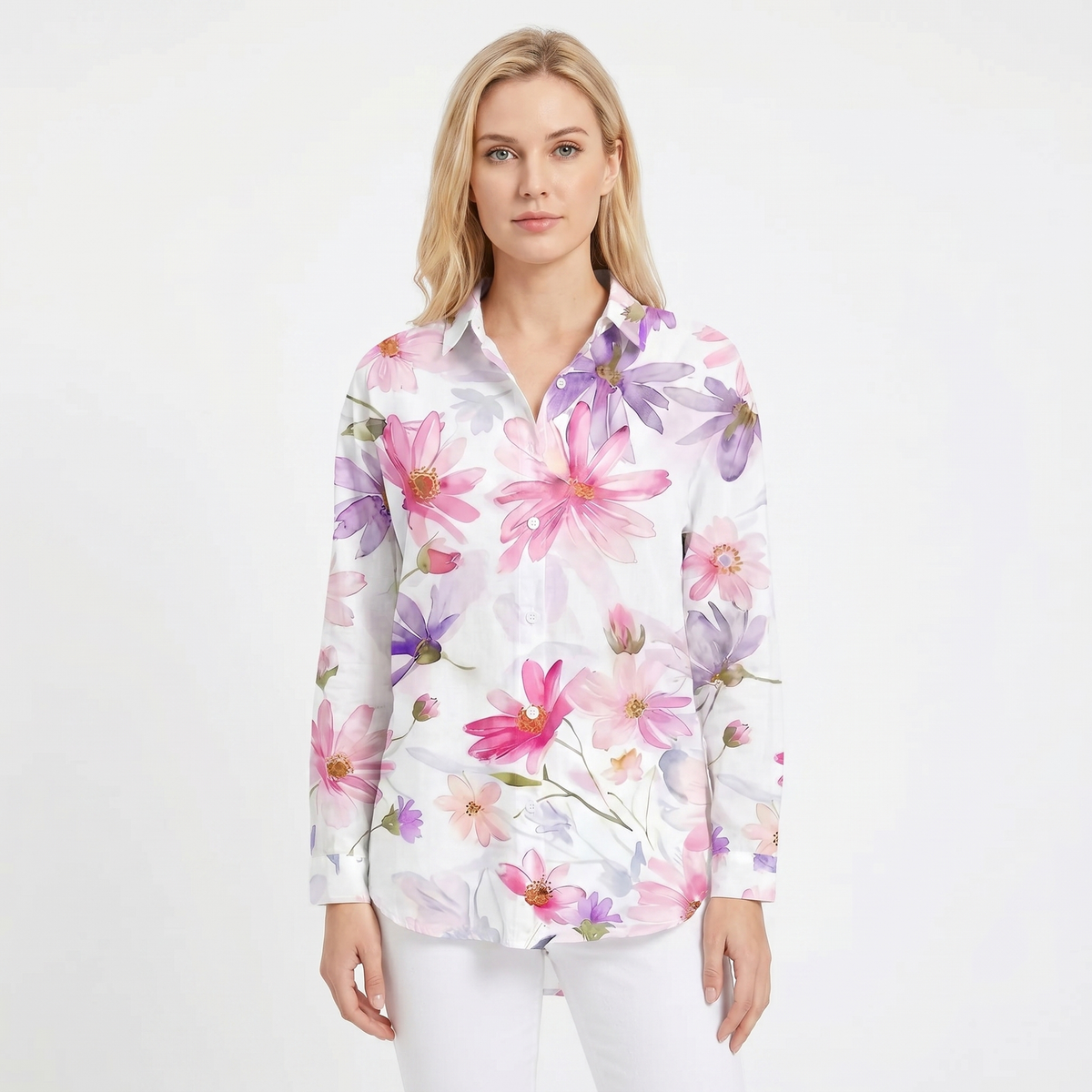 Women's Floral Print Long-Sleeve Button-Down Shirt Casual Loose Blouse