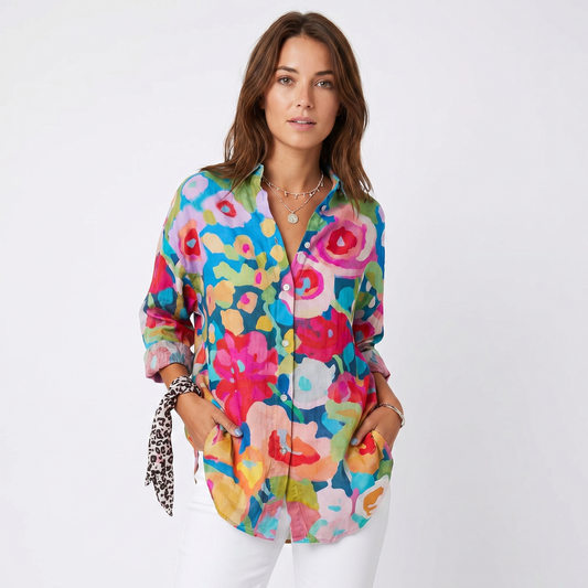 Women's Floral Print Long-Sleeve Button-Down Shirt Casual Loose Blouse