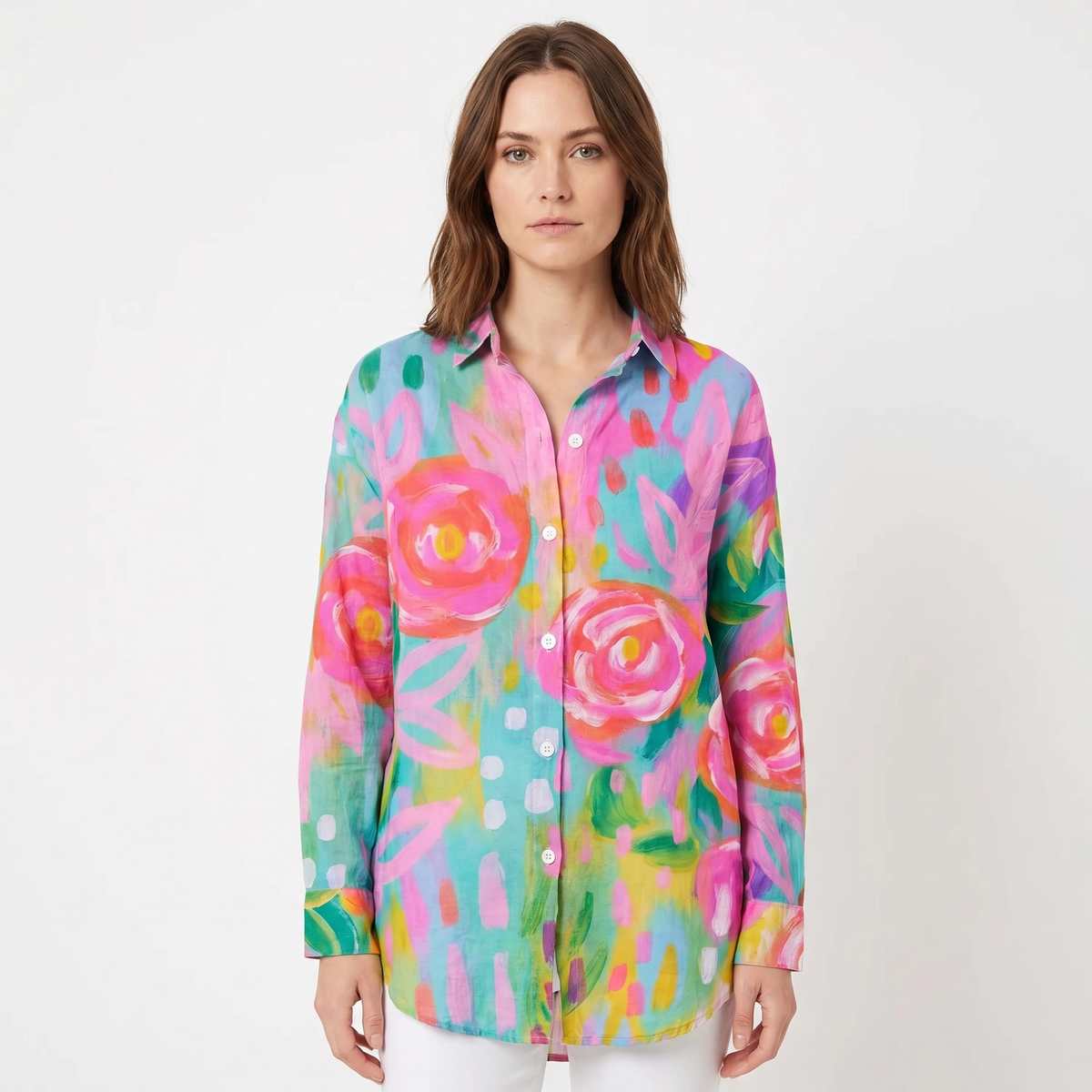 Women's Floral Print Long-Sleeve Button-Down Shirt Casual Loose Blouse