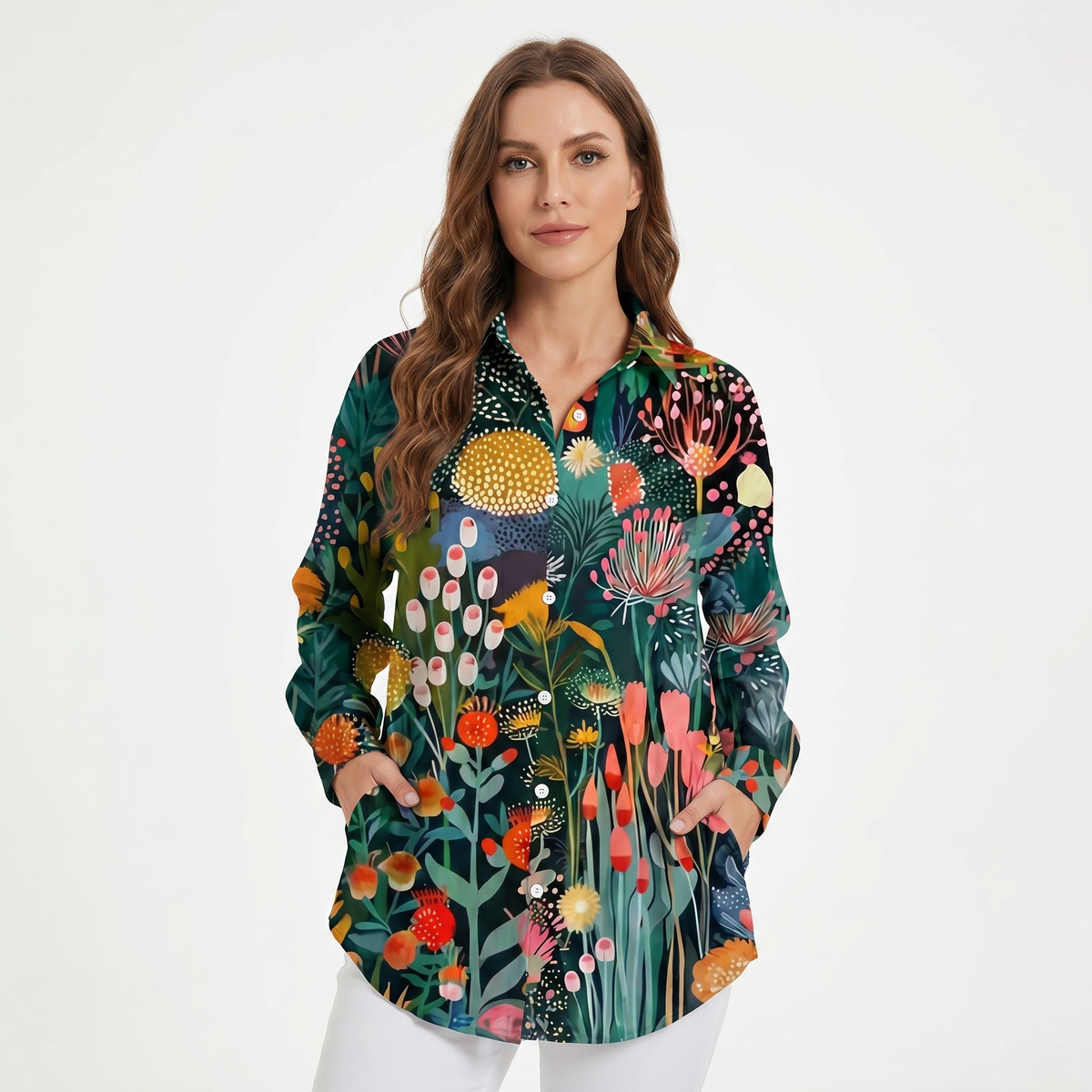 Women's Floral Print Long-Sleeve Button-Down Shirt Casual Loose Blouse