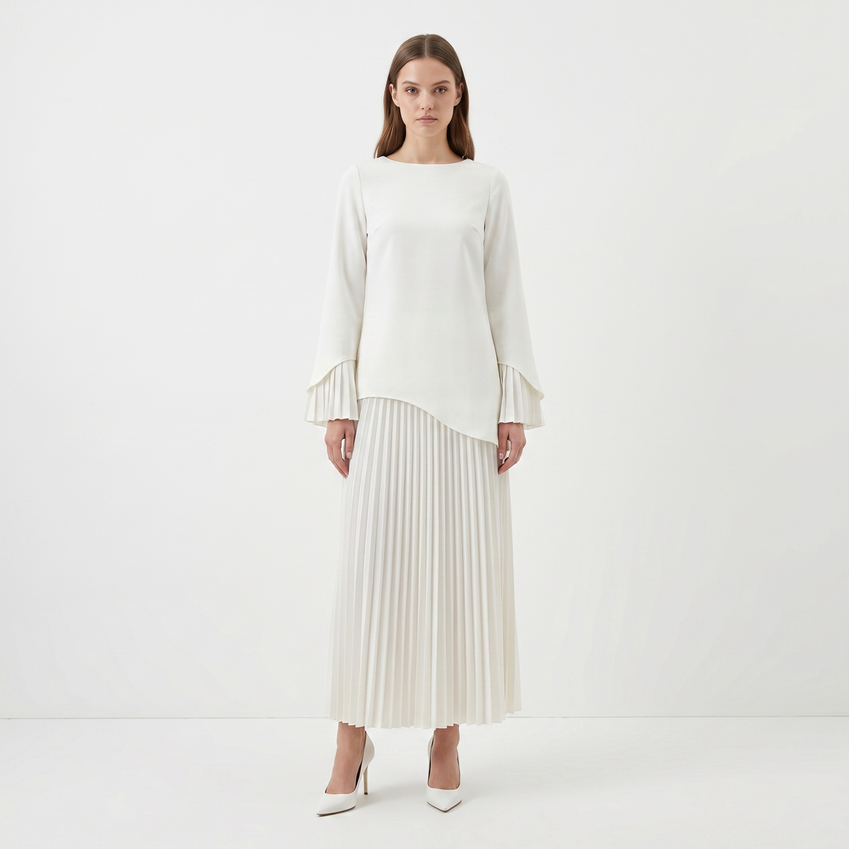 Women's Pleated Skirt Maxi Dress Asymmetric Hem Long Sleeve Fluted Cuff Modest Formal