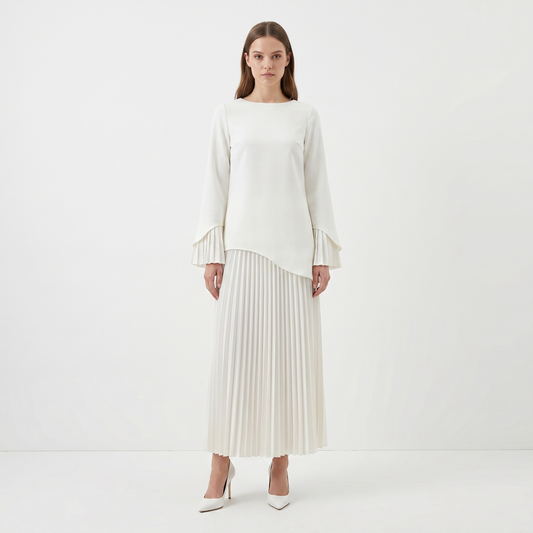 Women's Pleated Skirt Maxi Dress Asymmetric Hem Long Sleeve Fluted Cuff Modest Formal