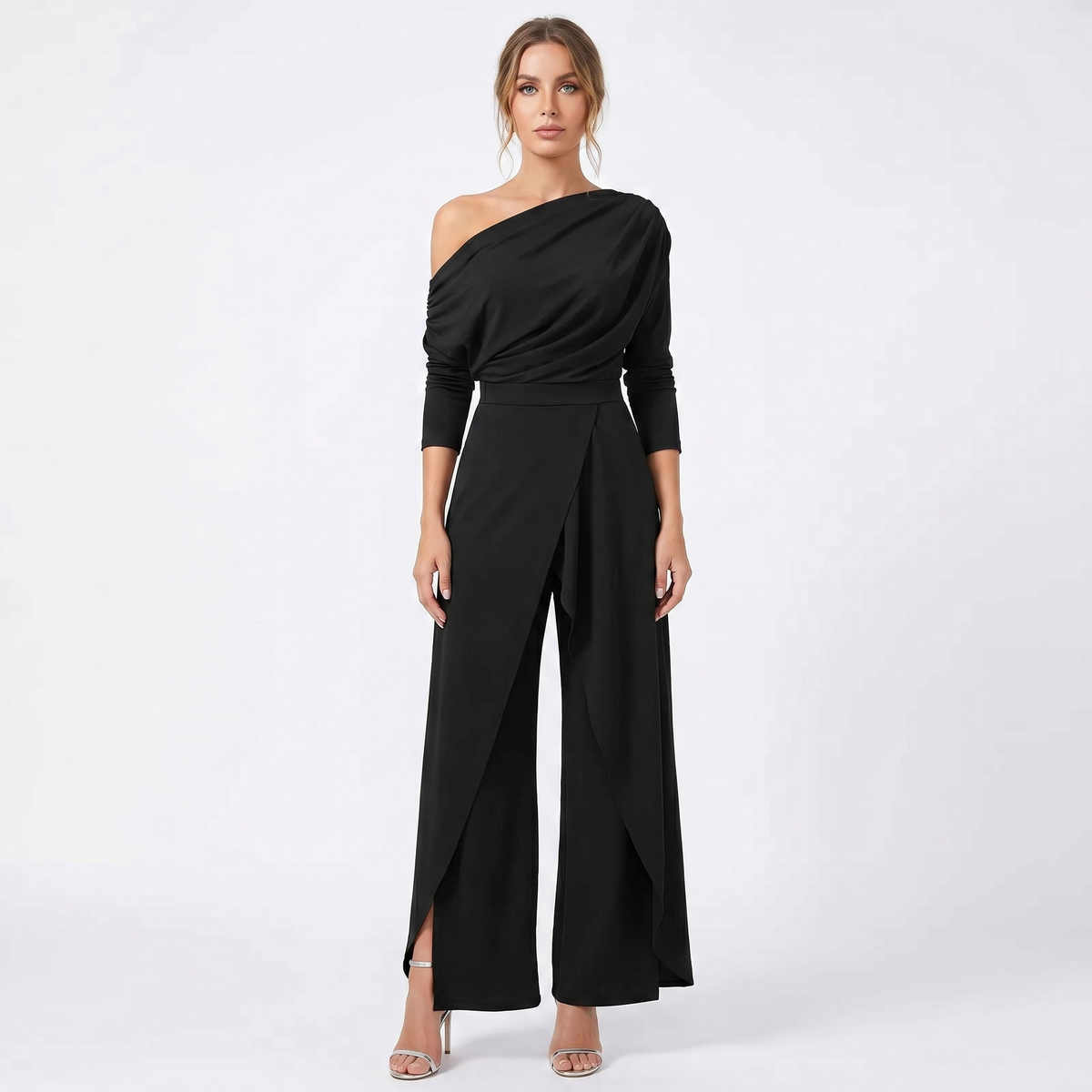 Women's Elegant One-Shoulder Jumpsuit Long Sleeve Wide-Leg Formal Palazzo