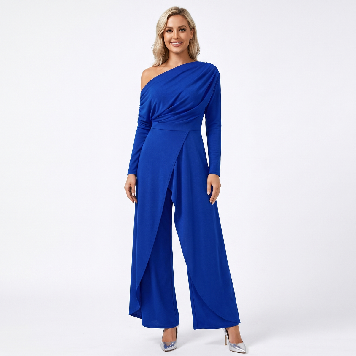 Women's Elegant One-Shoulder Jumpsuit Long Sleeve Wide-Leg Formal Palazzo