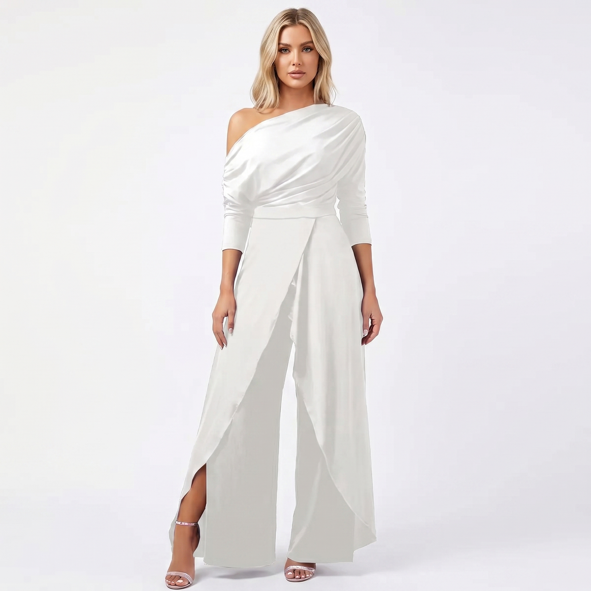 Women's Elegant One-Shoulder Jumpsuit Long Sleeve Wide-Leg Formal Palazzo