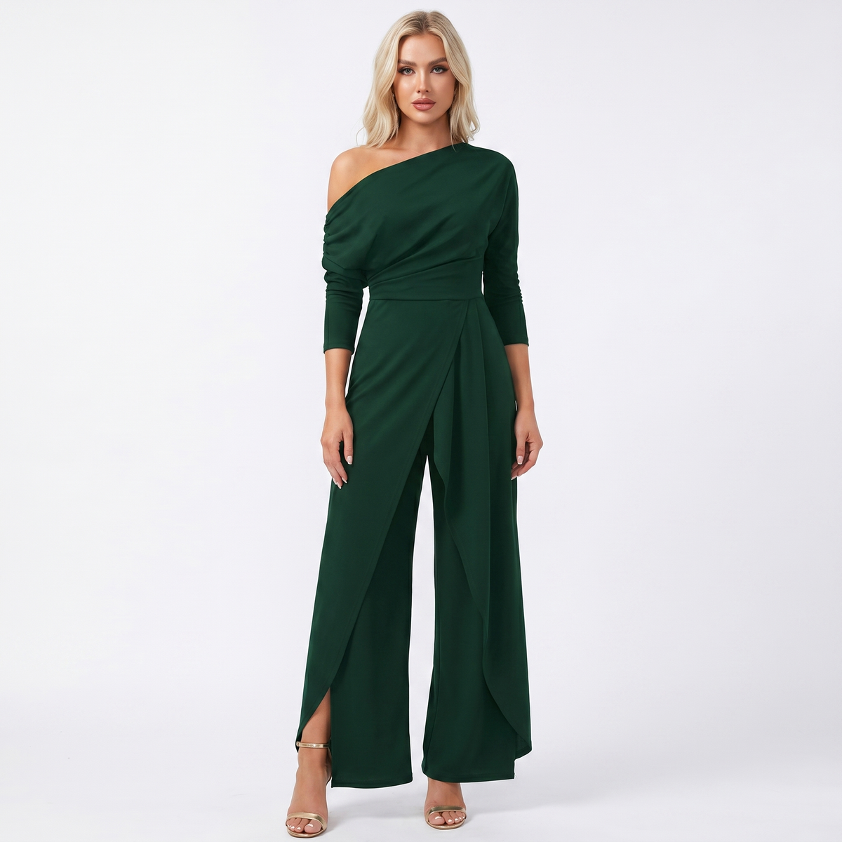 Women's Elegant One-Shoulder Jumpsuit Long Sleeve Wide-Leg Formal Palazzo