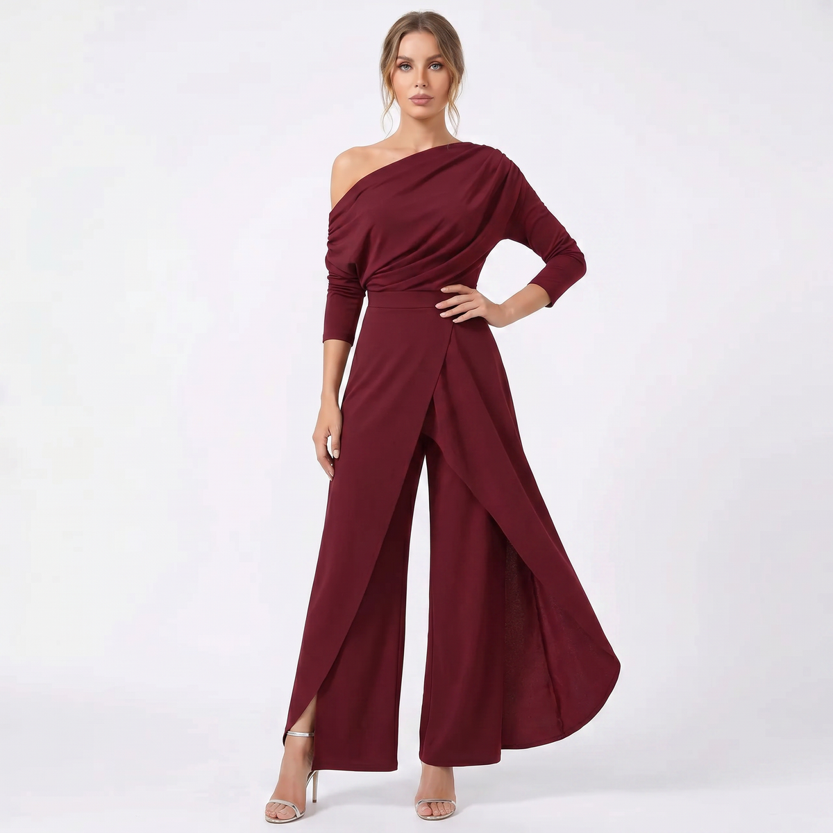 Women's Elegant One-Shoulder Jumpsuit Long Sleeve Wide-Leg Formal Palazzo