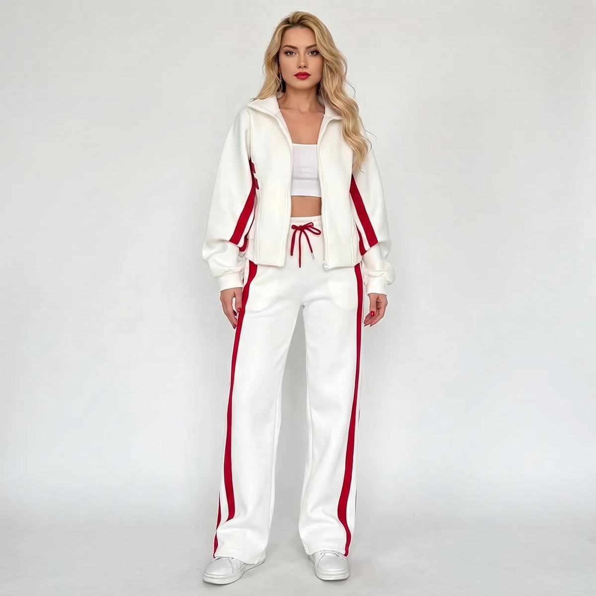 Women's Striped Tracksuit Set Zip-Up Jacket Wide-Leg Jogger Pants Two-Piece Loungewear