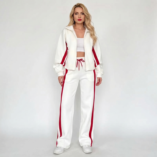 Women's Striped Tracksuit Set Zip-Up Jacket Wide-Leg Jogger Pants Two-Piece Loungewear