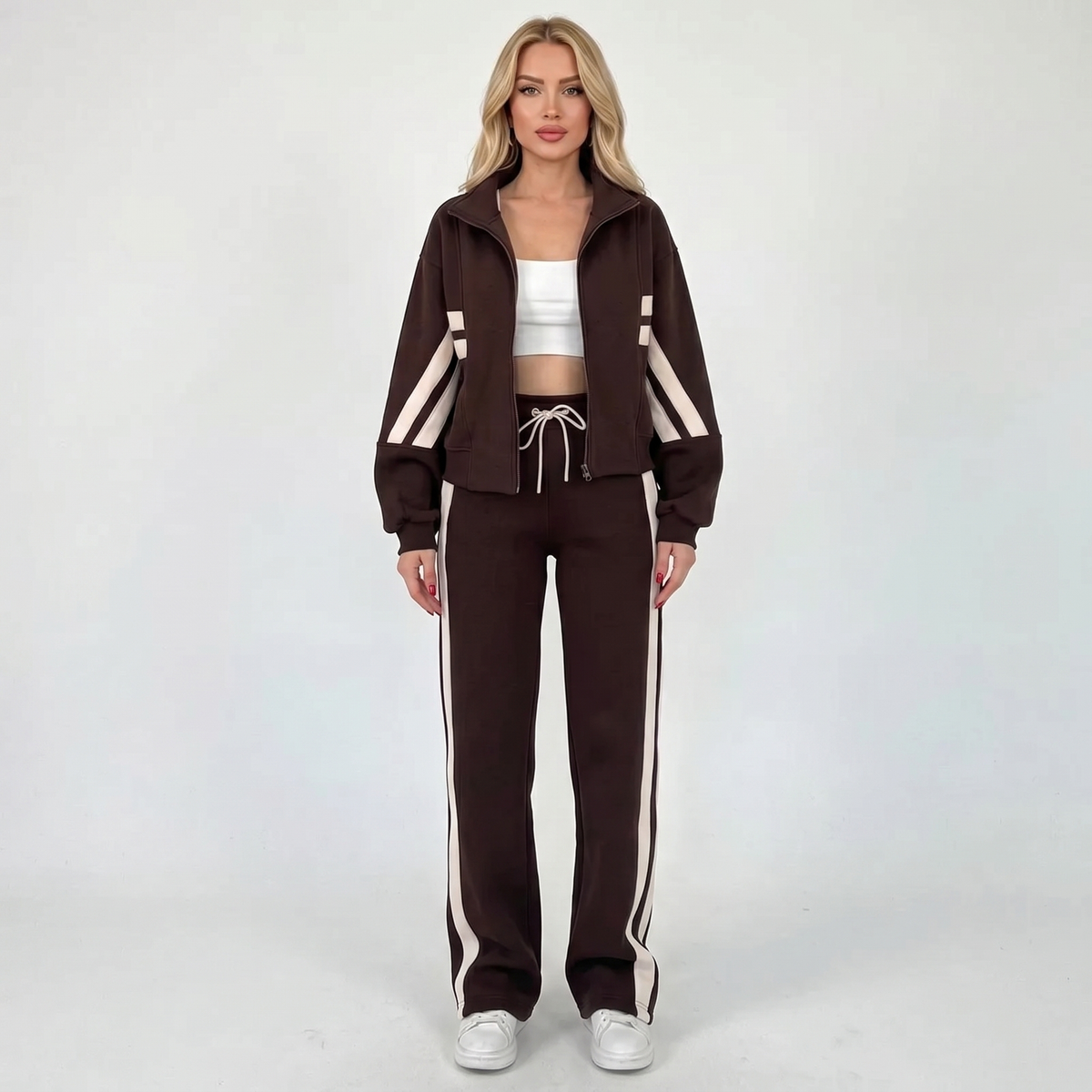 Women's Striped Tracksuit Set Zip-Up Jacket Wide-Leg Jogger Pants Two-Piece Loungewear