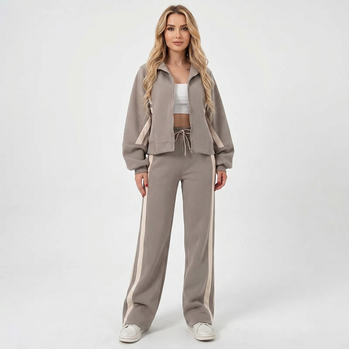 Women's Striped Tracksuit Set Zip-Up Jacket Wide-Leg Jogger Pants Two-Piece Loungewear