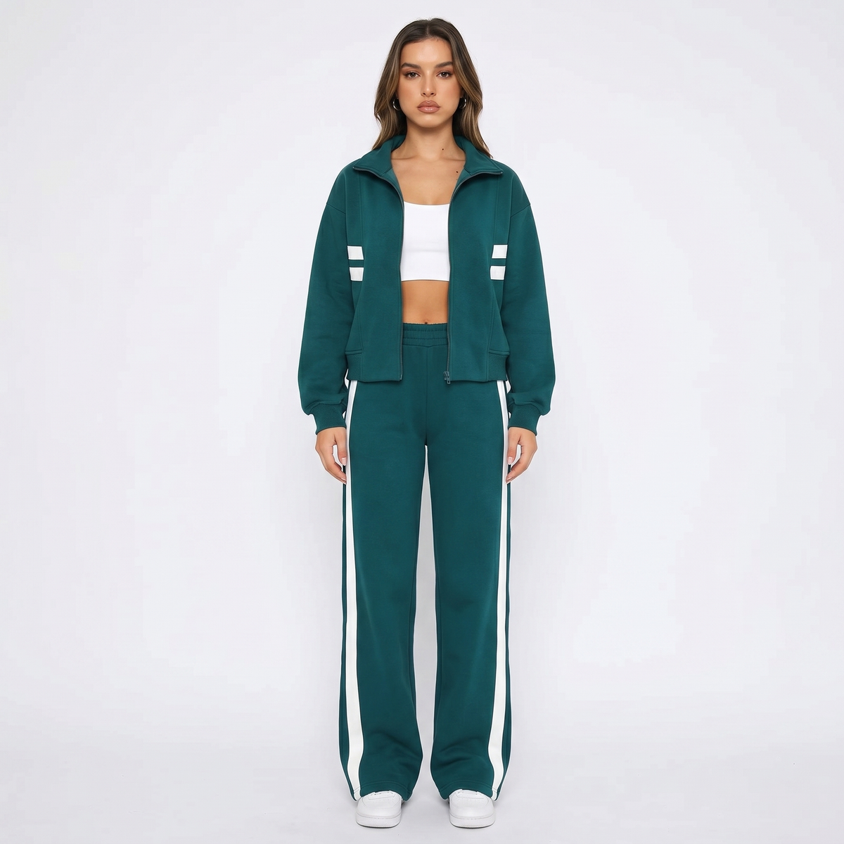 Women's Striped Tracksuit Set Zip-Up Jacket Wide-Leg Jogger Pants Two-Piece Loungewear
