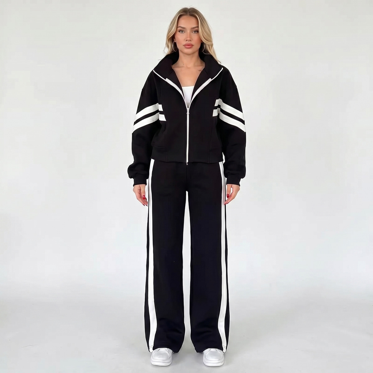 Women's Striped Tracksuit Set Zip-Up Jacket Wide-Leg Jogger Pants Two-Piece Loungewear