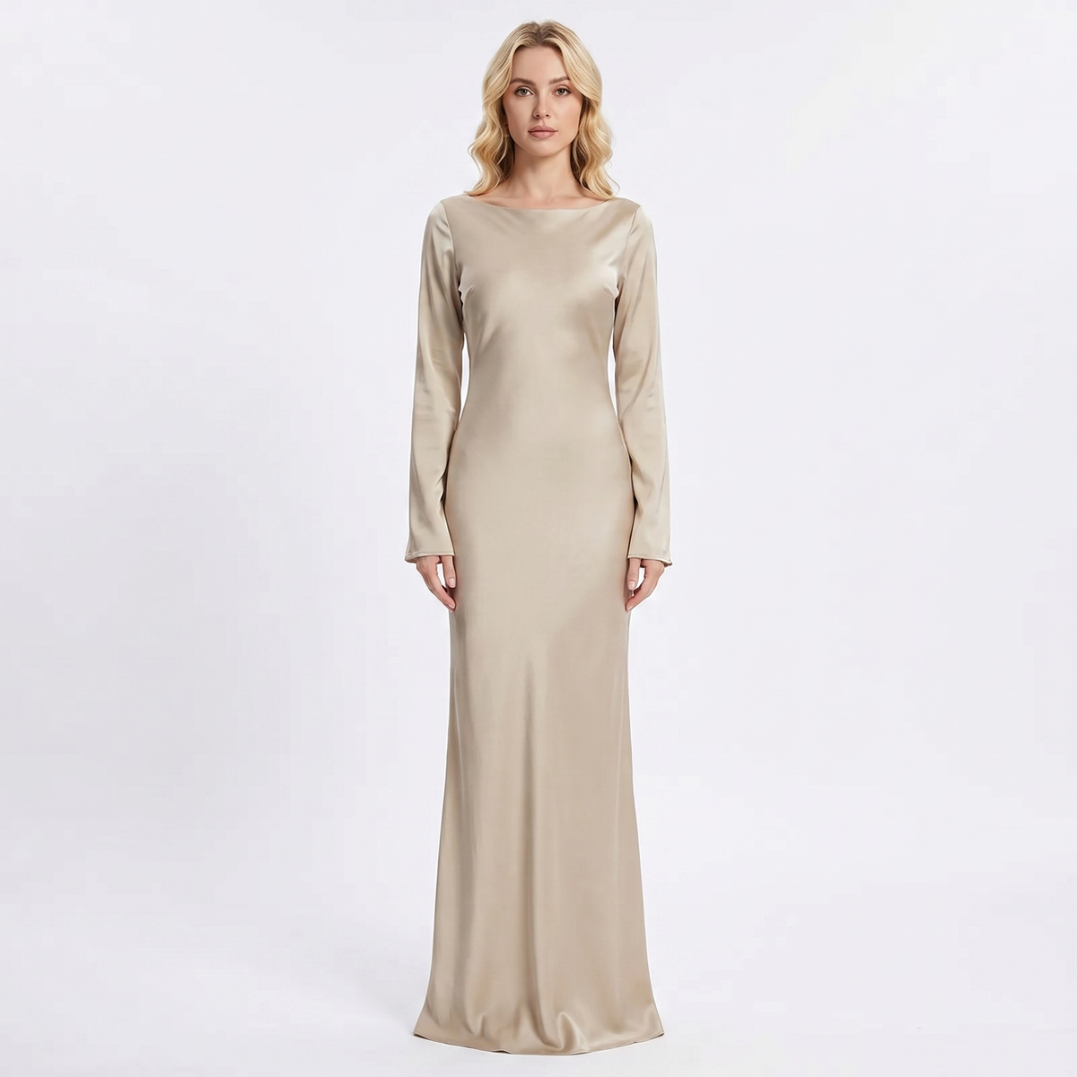 Women's Satin Maxi Dress Long Sleeve Scoop Neck Bodycon Formal Slip Gown