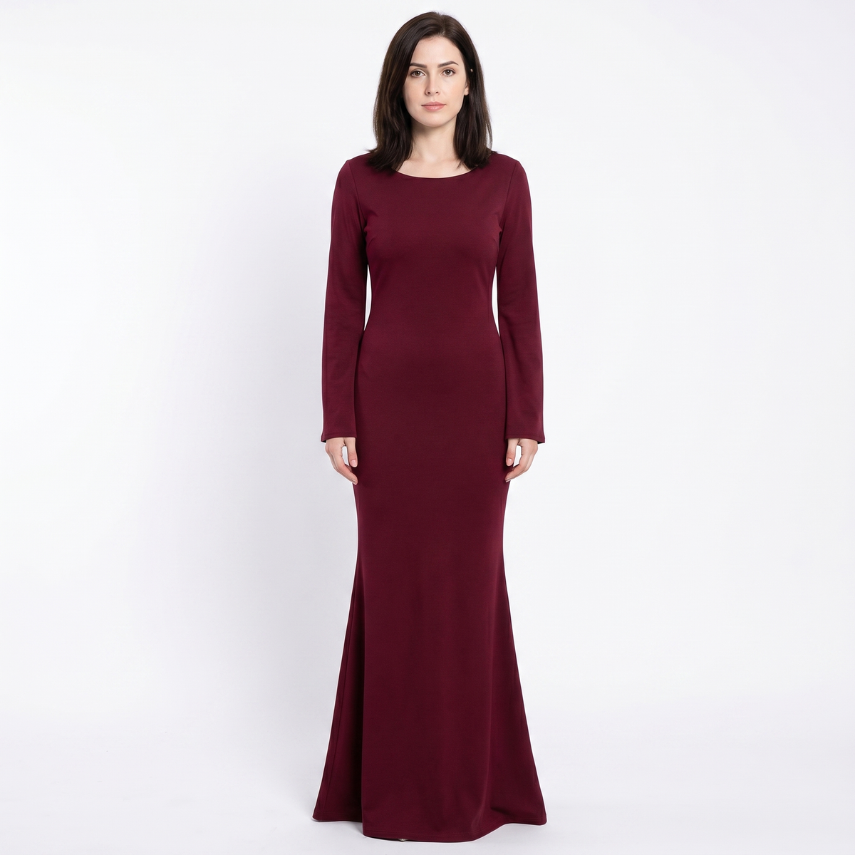 Women's Satin Maxi Dress Long Sleeve Scoop Neck Bodycon Formal Slip Gown