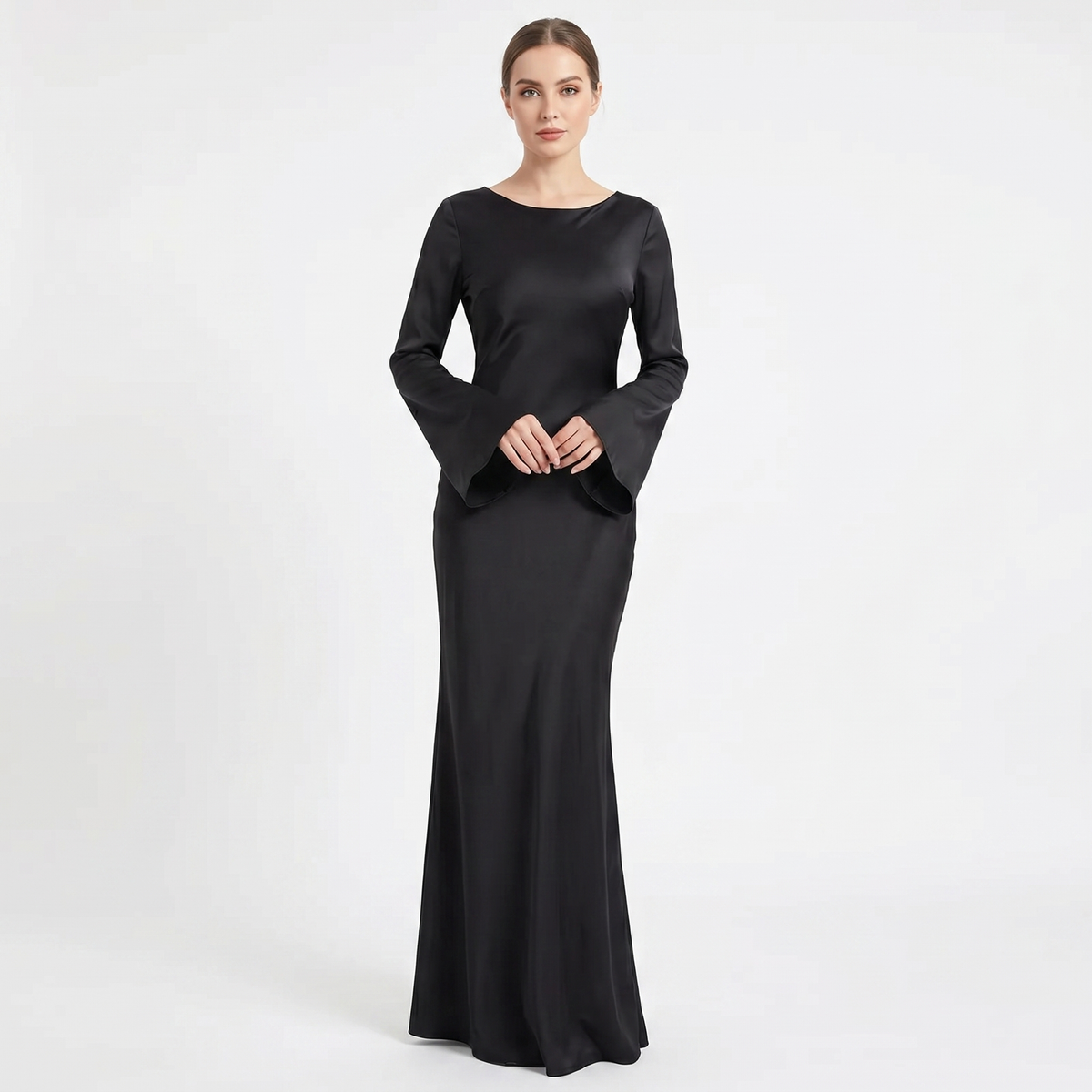 Women's Satin Maxi Dress Long Sleeve Scoop Neck Bodycon Formal Slip Gown