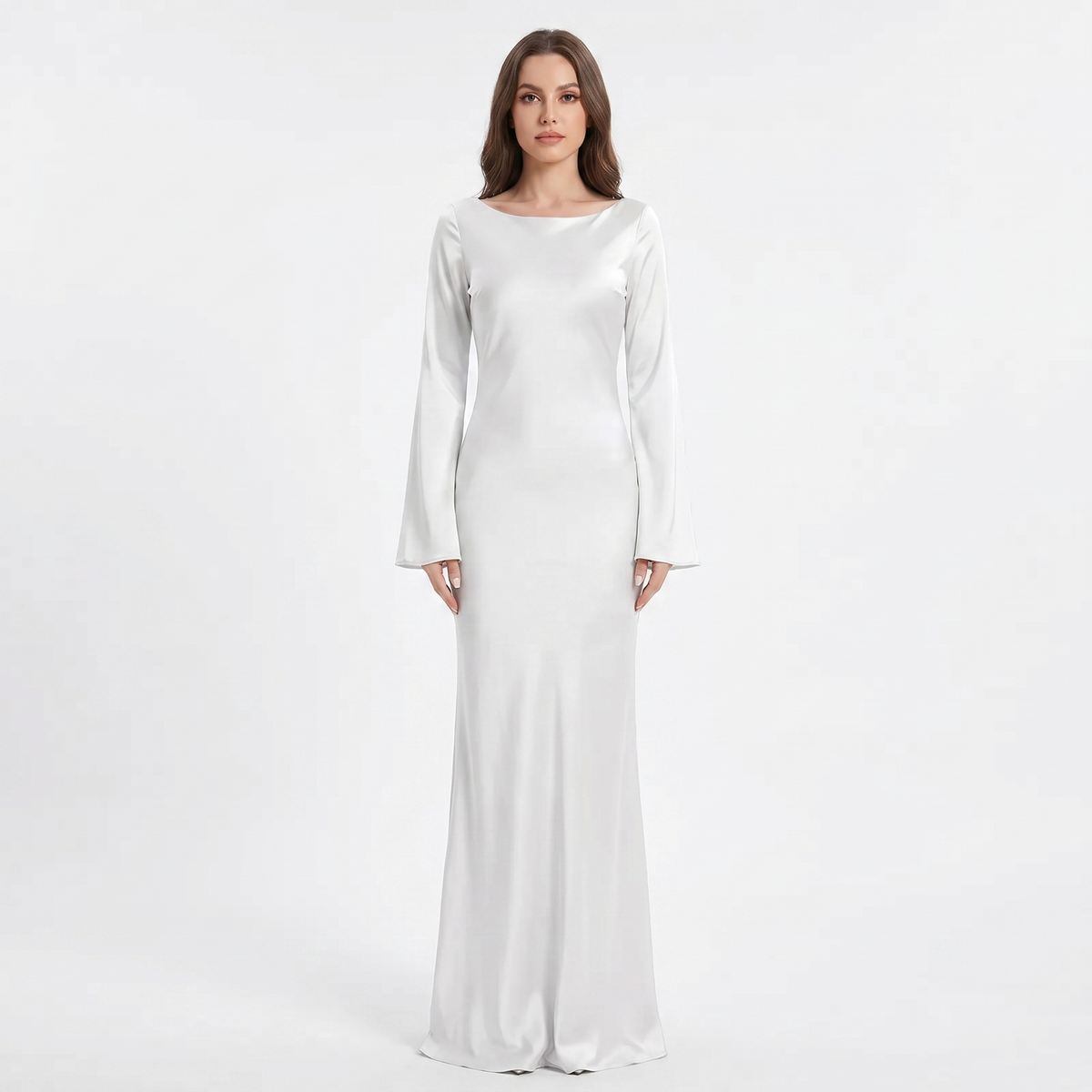 Women's Satin Maxi Dress Long Sleeve Scoop Neck Bodycon Formal Slip Gown