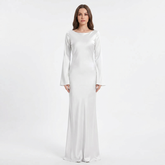 Women's Satin Maxi Dress Long Sleeve Scoop Neck Bodycon Formal Slip Gown