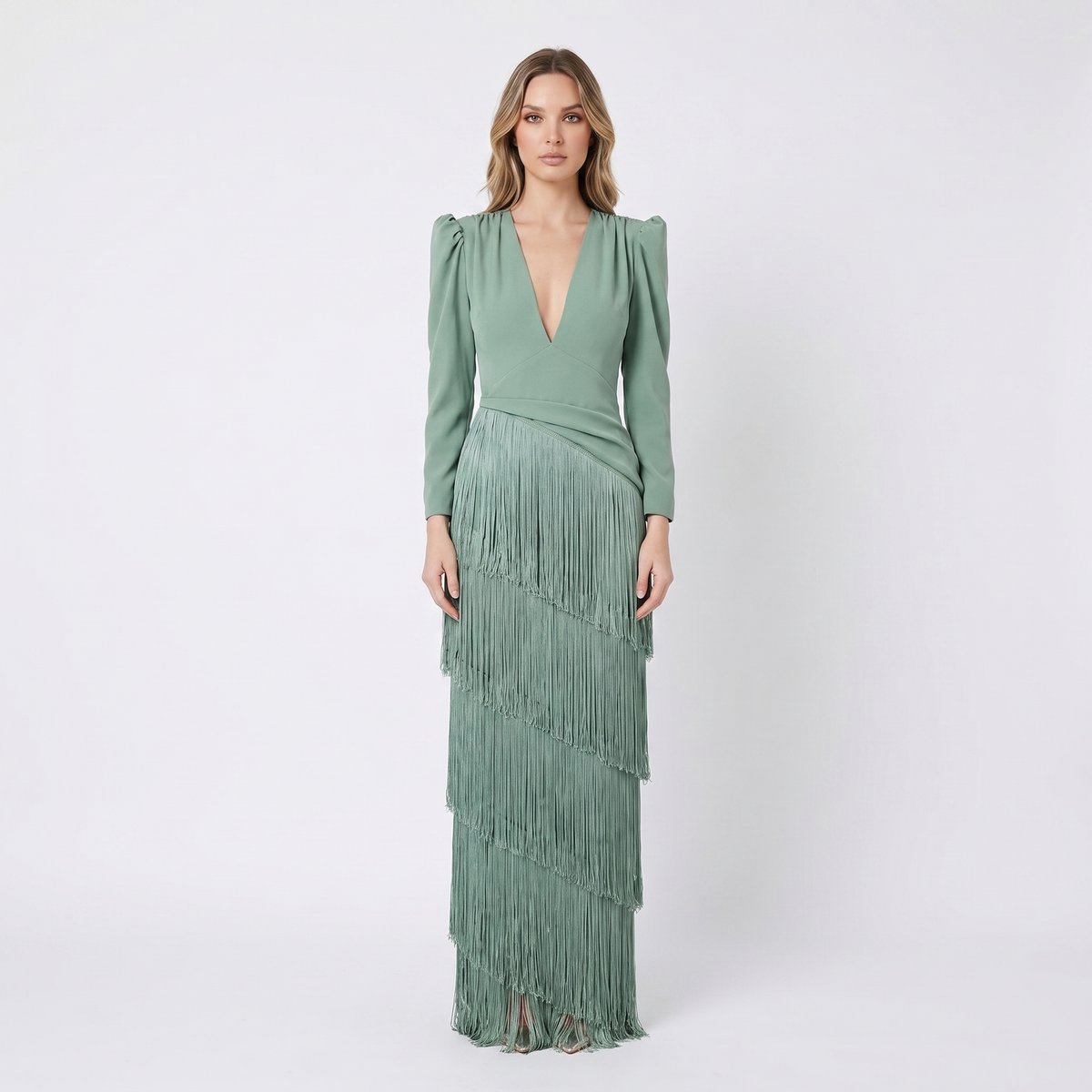 Women's Fringe Tiered Maxi Dress Deep V-Neck Long Sleeve Formal Occasion Gown