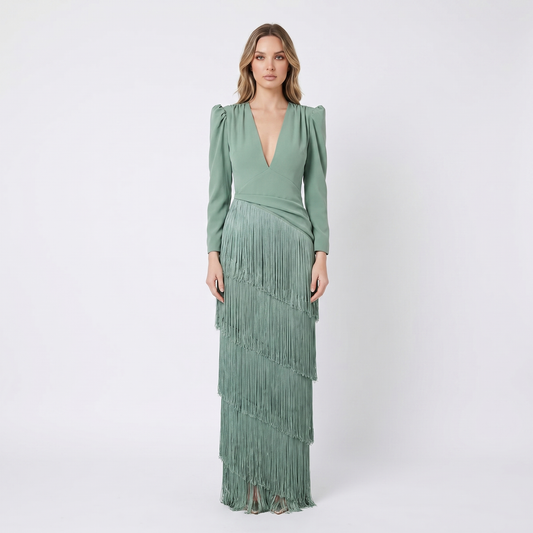 Women's Fringe Tiered Maxi Dress Deep V-Neck Long Sleeve Formal Occasion Gown