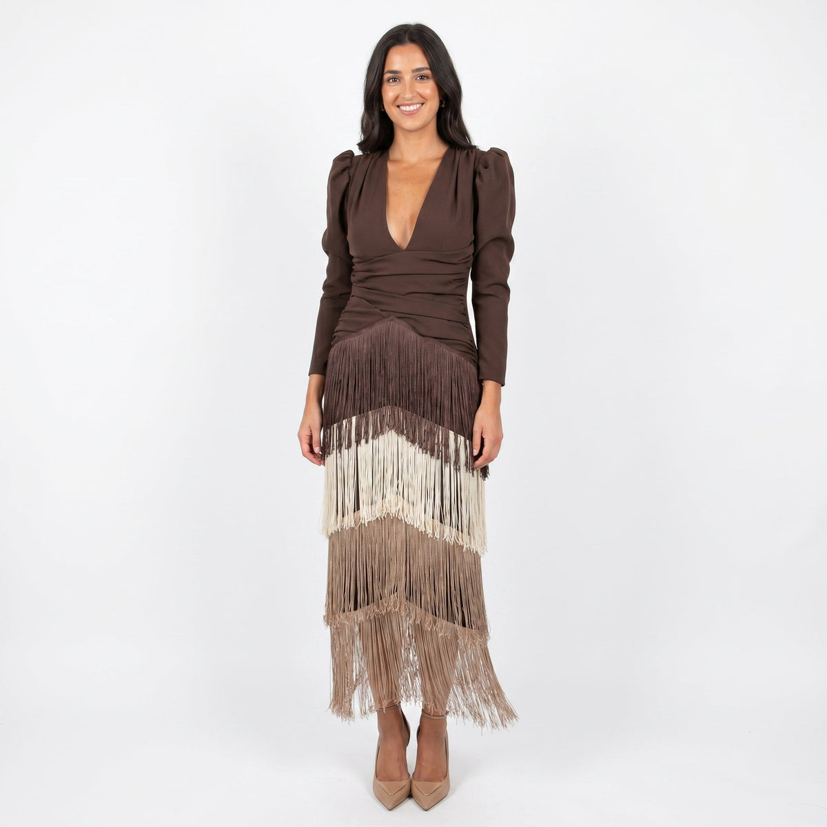 Women's Fringe Tiered Maxi Dress Deep V-Neck Long Sleeve Formal Occasion Gown