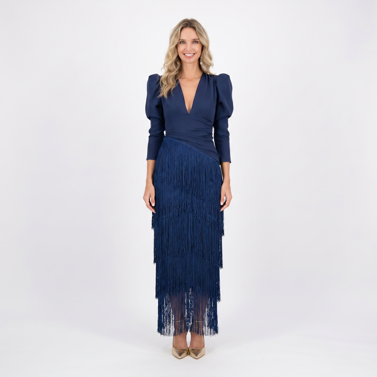 Women's Fringe Tiered Maxi Dress Deep V-Neck Long Sleeve Formal Occasion Gown