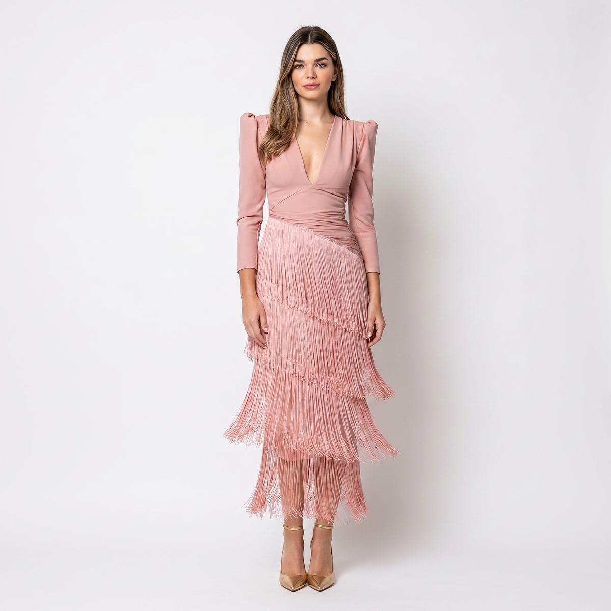 Women's Fringe Tiered Maxi Dress Deep V-Neck Long Sleeve Formal Occasion Gown