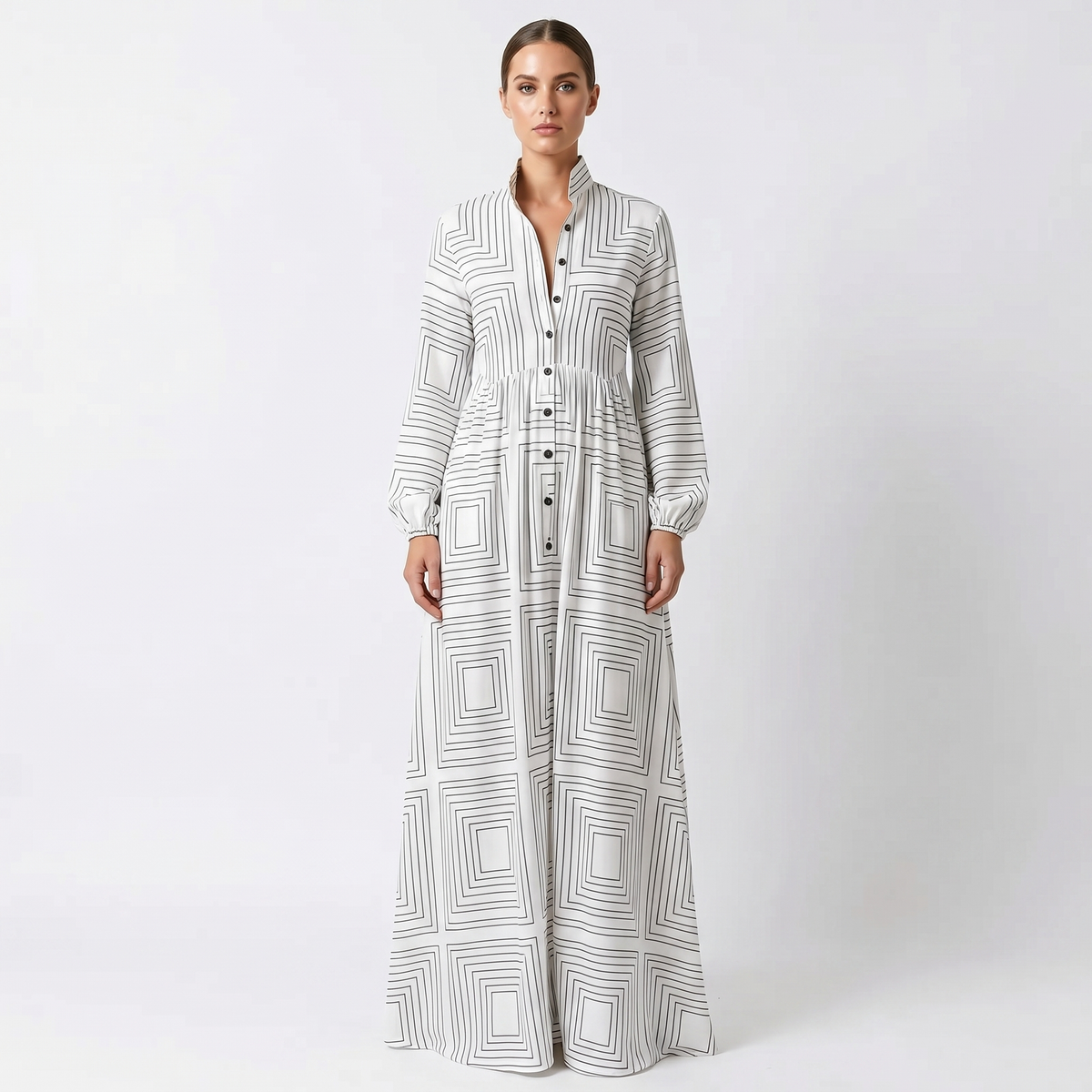 Women's Geometric Print Maxi Shirt Dress Long Sleeve Button-Down A-Line Casual Dress