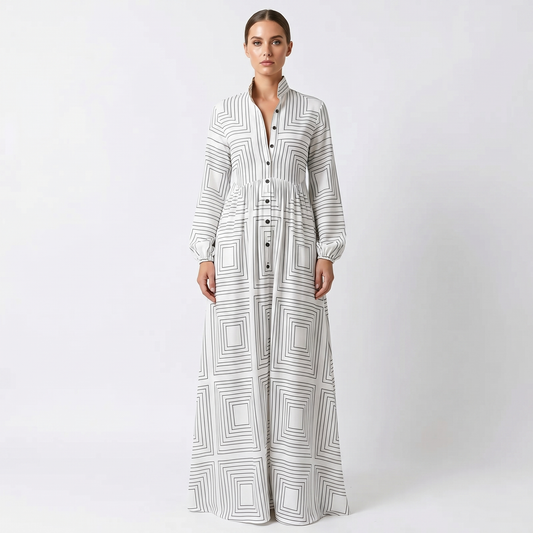 Women's Geometric Print Maxi Shirt Dress Long Sleeve Button-Down A-Line Casual Dress