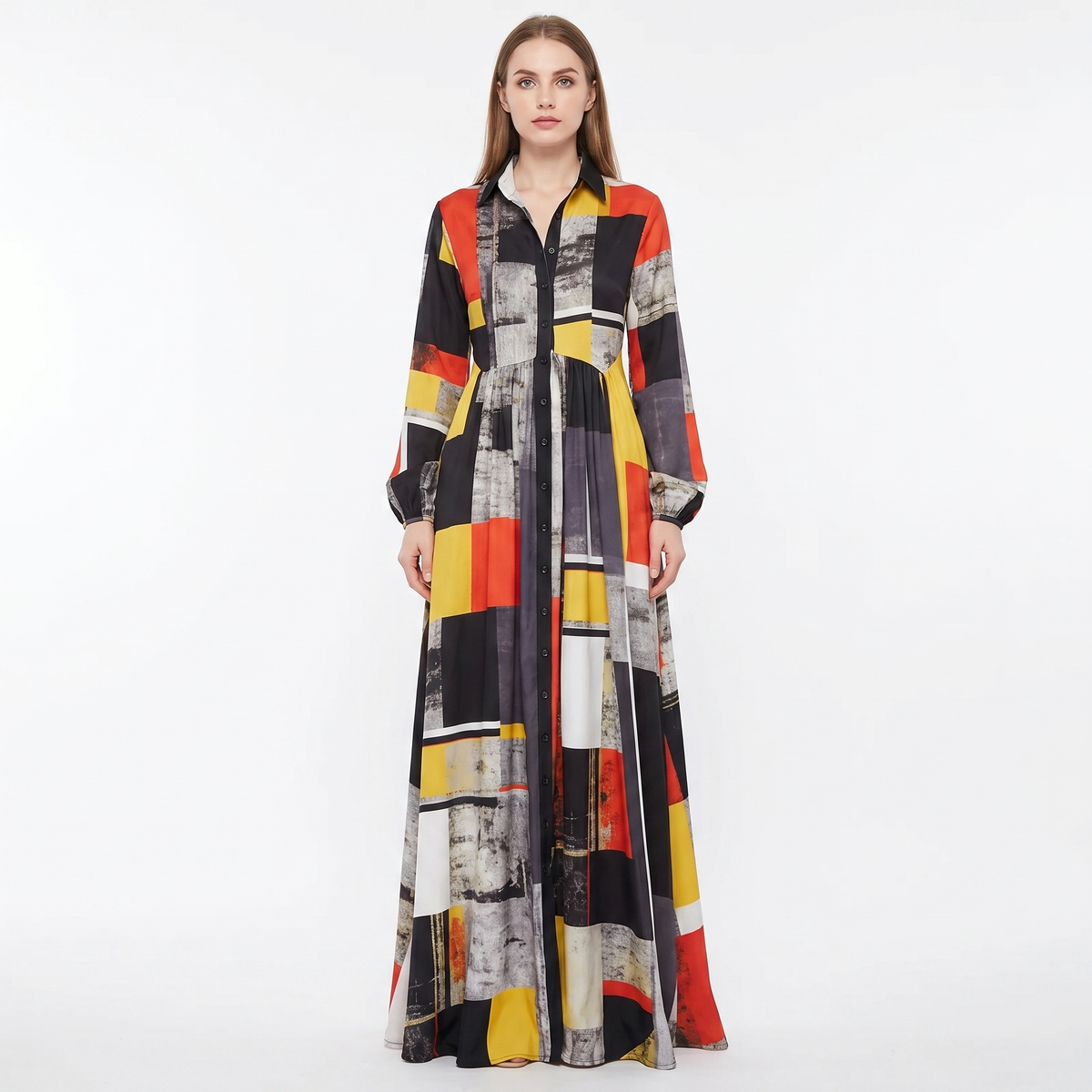 Women's Geometric Print Maxi Shirt Dress Long Sleeve Button-Down A-Line Casual Dress