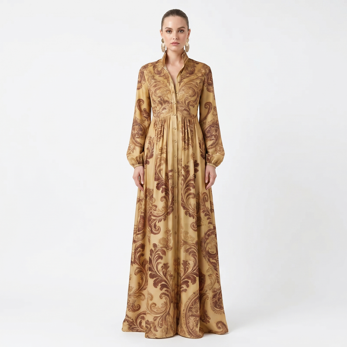 Women's Geometric Print Maxi Shirt Dress Long Sleeve Button-Down A-Line Casual Dress