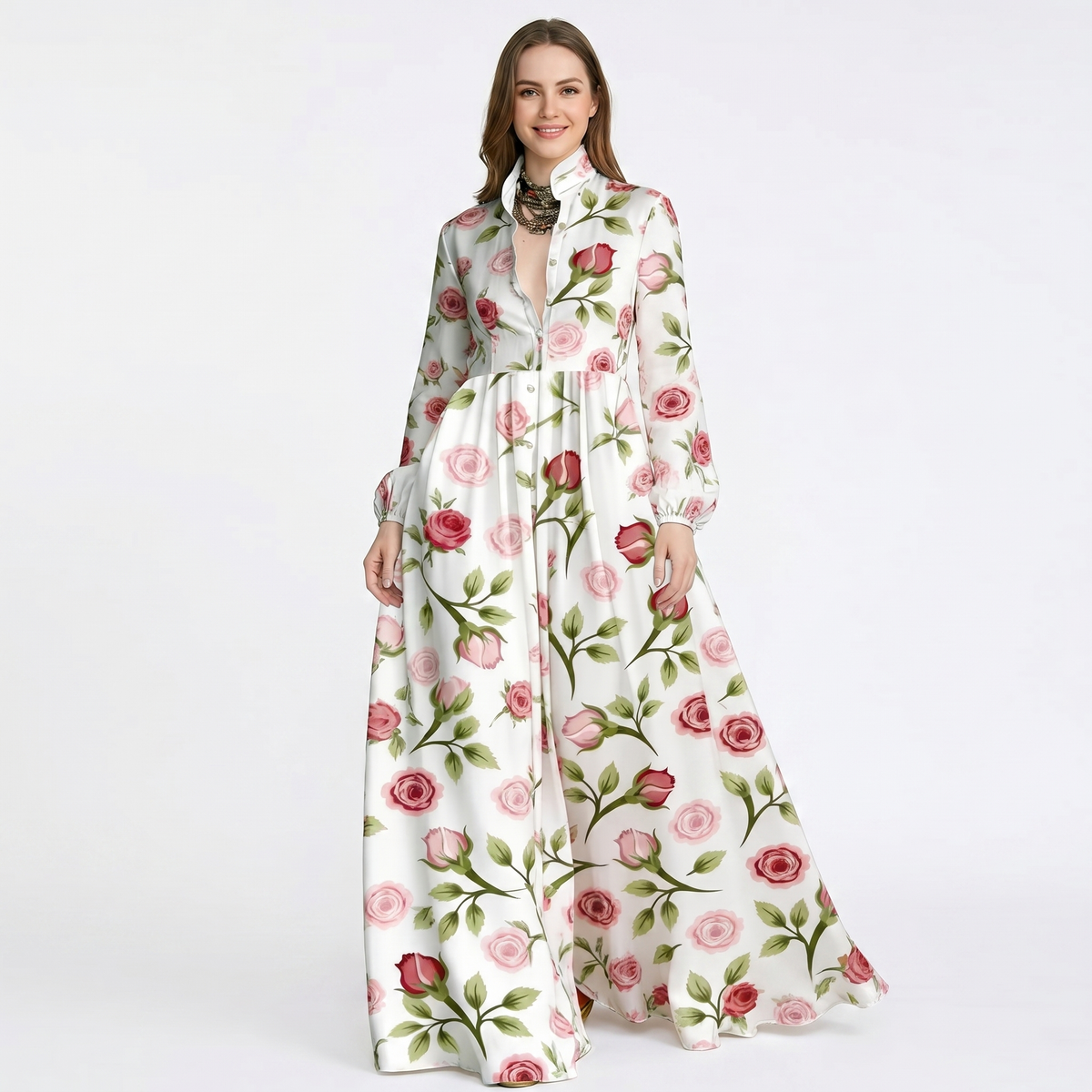 Women's Geometric Print Maxi Shirt Dress Long Sleeve Button-Down A-Line Casual Dress