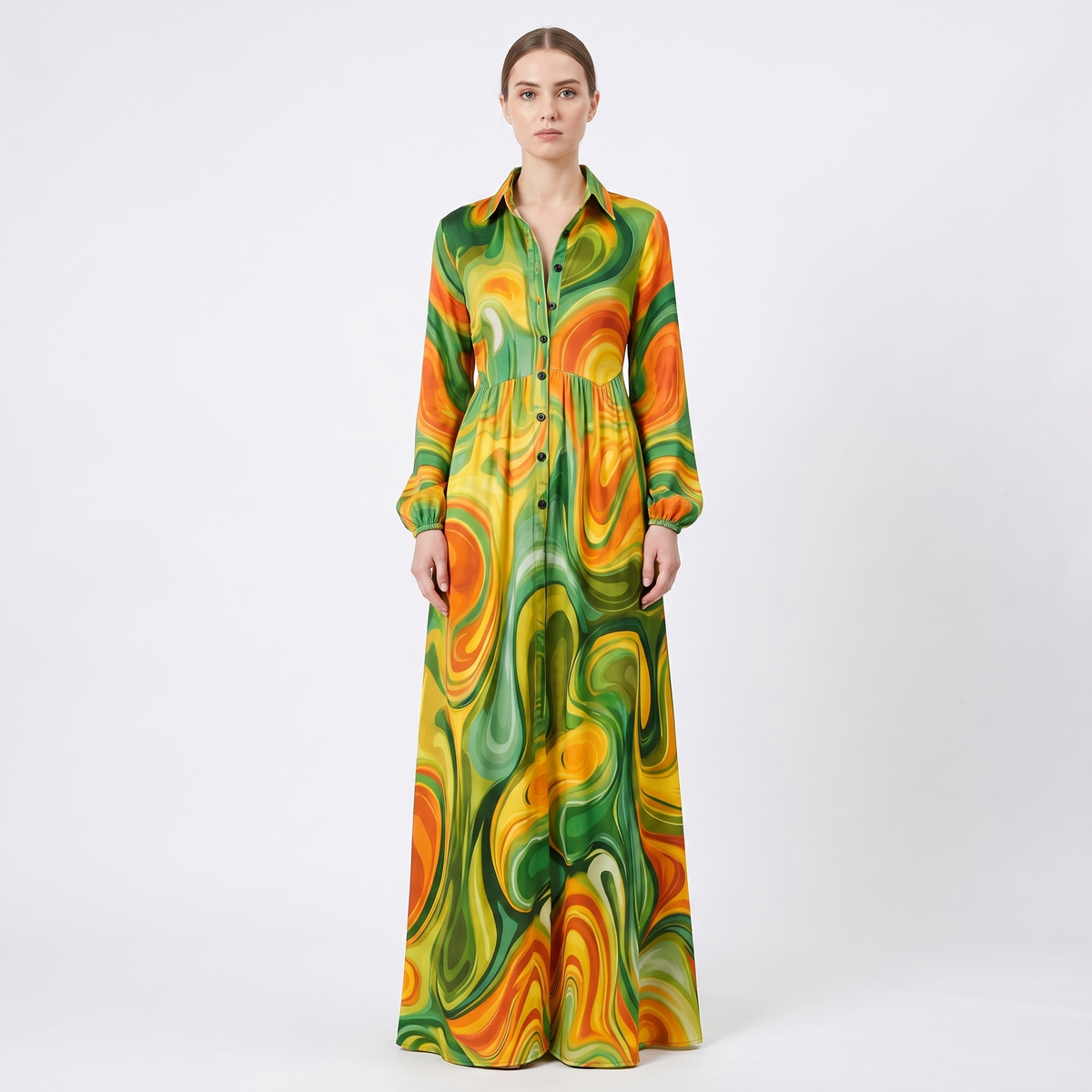 Women's Geometric Print Maxi Shirt Dress Long Sleeve Button-Down A-Line Casual Dress